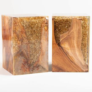 Pair of Resin and Petrified Wood Side Tables