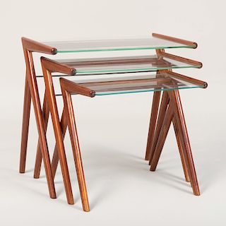 Set of Three Mid-Century Mahogany and Glass Nesting Tables