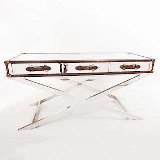 Ralph Lauren Style Leather Mounted Chrome Desk