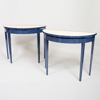 Modern Blue Painted and Sea Grass Console, of Recent Manufacture 