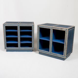 Pair of Studded and Fabric Covered Bookcases, of Recent Manufacture 