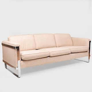 Large Chrome Strap and Tweed Three Seat Sofa, Attributed to Milo Baughman