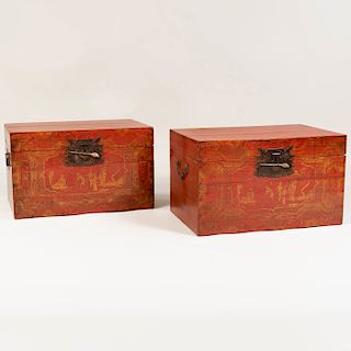 Pair of Chinese Metal-Mounted Painted and Parcel-Gilt Trunks