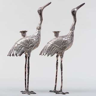 Pair of Silver Metal Crane Form Candlesticks
