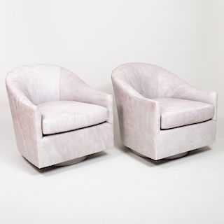 Pair of Edward Ferrell Leather Swivel Tub Chairs, of Recent Manufacture