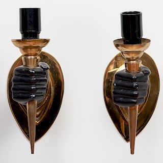 Pair of Brass and Painted Metal Hand Form Sconces, in the Manner of Arbus