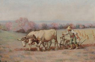 Myron Ward (American, 19th/20th Century)      Plowing with Oxen.