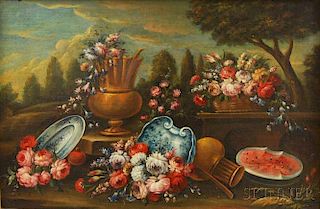 Continental School, 18th Century Style      Still Life with Flowers, Fruit, and Porcelain in a Landscape.