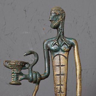 Modernist Bronze Sculpture Sumerian God with Snake and Cup