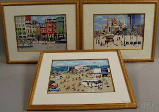Barbara Corrigan (American, 1922-2012)      Three Framed Gouache on Paper Works: Copley Square in Snow ,  Newbury Street   Summer