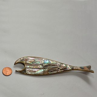 Mid-Century Modern Abalone and Brass Fish Bottle Opener Los Castillo Style 70s