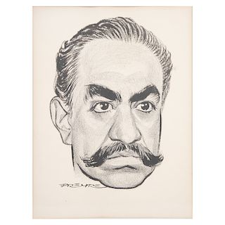 Freyre, Rafael. Firmada. Caricatura del político Adalberto Villalpando Nova. Tinta sobre papel. Enmacada. 27 x 21 cm