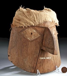 Fabulous Chancay Wood Mummy Mask w/ Textile Wrap