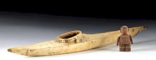 19th C. Inuit Wood / Hide Canoe + Hunter, ex-Museum