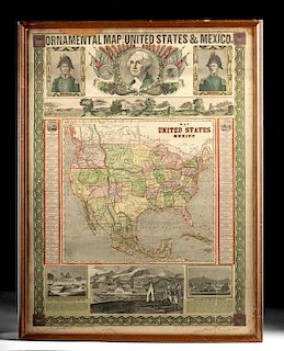 Framed 1848 United States & Mexico Map Ensigns & Thayer