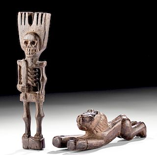 Two 20th C Guatemalan Wood Slingshots - Lion & Skeleton