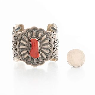 NAVAJO STERLING SILVER CUFF BRACELET WITH RED CORAL