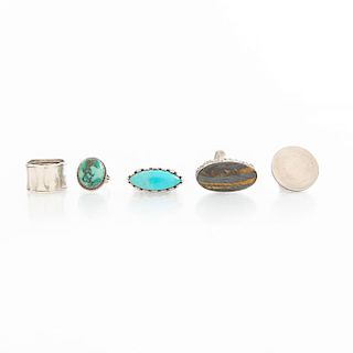 4 STERLING SILVER RINGS, TURQUOISE AND TIGER'S EYE
