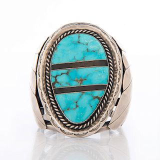 NAVAJO SILVER BRACELET WITH INSET TURQUOISE AND ONYX