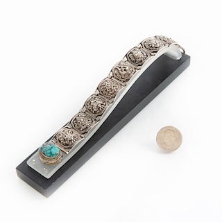 SILVER REPOUSSE LINK BRACELET WITH INSET TURQUOISE