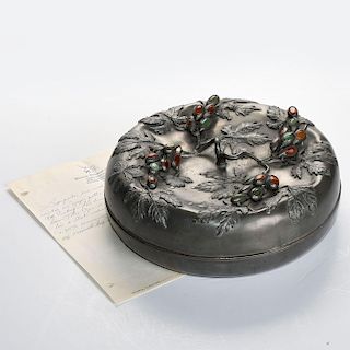 LARGE 19TH CENTURY CHINESE PEWTER BOX WITH AGATE & JADE