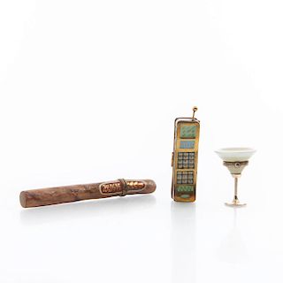 3 LIMOGES BOXES, CIGAR, MARTINI, CELL PHONE