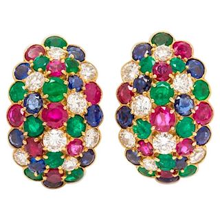 Van Cleef & Arpels Yellow Gold Diamond Ruby Sapphire and Emerald Earclips