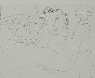 Pablo Picasso Signed Etching Minotaure une Coupe a la Main et Jeune Femme 1939