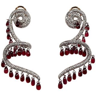 Rhodium Plated 18 Karat Yellow Gold Ruby and Diamond Spiral Earrings