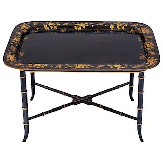 Early 19th Century Black Lacquer Papier MachÌ© Tray Table with Stand
