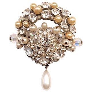 Parisian Costume Brooch with Large Rhinestones and Nacre Pearls.
