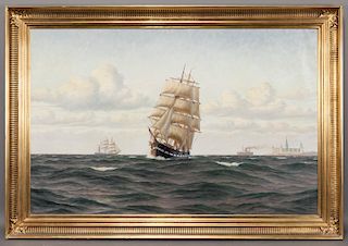A. B. Slow "Untitled (Ships near harbor) oil