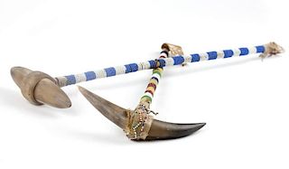 Two Plains Indian horn and beaded-handle war clubs