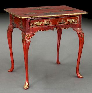 Chinoiserie red lacquer and gilt table,