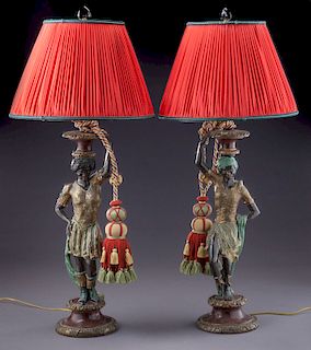Pr. Kupur patinated & polychrome carved lamps,