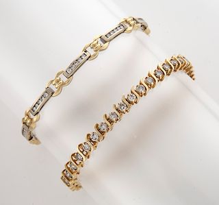 (2) 14K gold and diamond line bracelets.