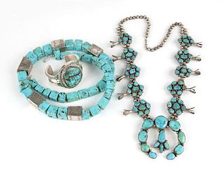 A group of turquoise and silver jewelry