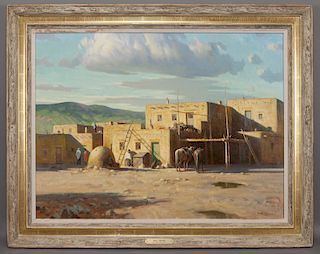 Paul Strisik "Taos Pueblo" oil on canvas, 1984.