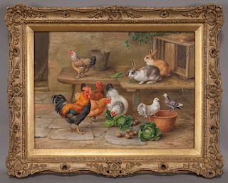 Edgar Hunt "Rabbits, Chickens, & Pigeons" oil