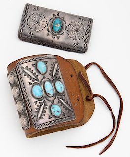Two Navajo Indian silver and turquoise ketoh,