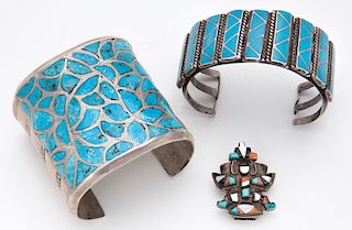 3 Pcs. Zuni Indian mosaic silver and turquoise