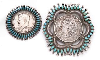 (2) Zuni Indian silver, turquoise & coin brooches