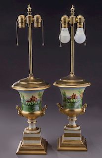 Pr. Continental porcelain vases mounted as lamps,