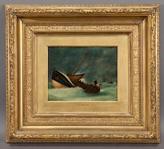 Thomas Rose Miles "Ship in Storm" oil on board.
