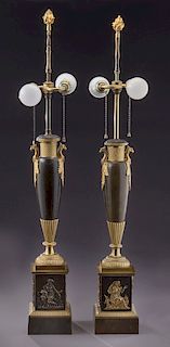 Pr. Neoclassical gilt and patinated bronze lamps,