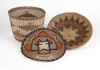 Group of Hopi and Navajo baskets and one Hopi plaque
