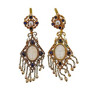 Antique 14K Gold Pearl  Scarab Earrings