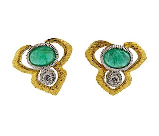 18K Gold Diamond Emerald Earrings 