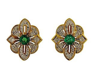 18K Gold Diamond Emerald Stud Earrings