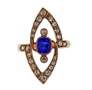 18K Rose Gold Diamond Blue Stone Ring 